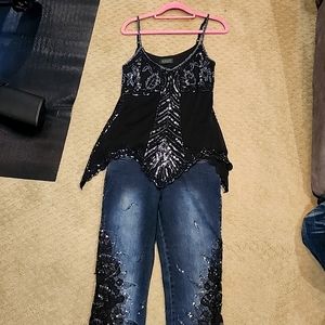 B. Rich Ladies Sequined/Beaded Top and Ariella  Jeans Size Small in both